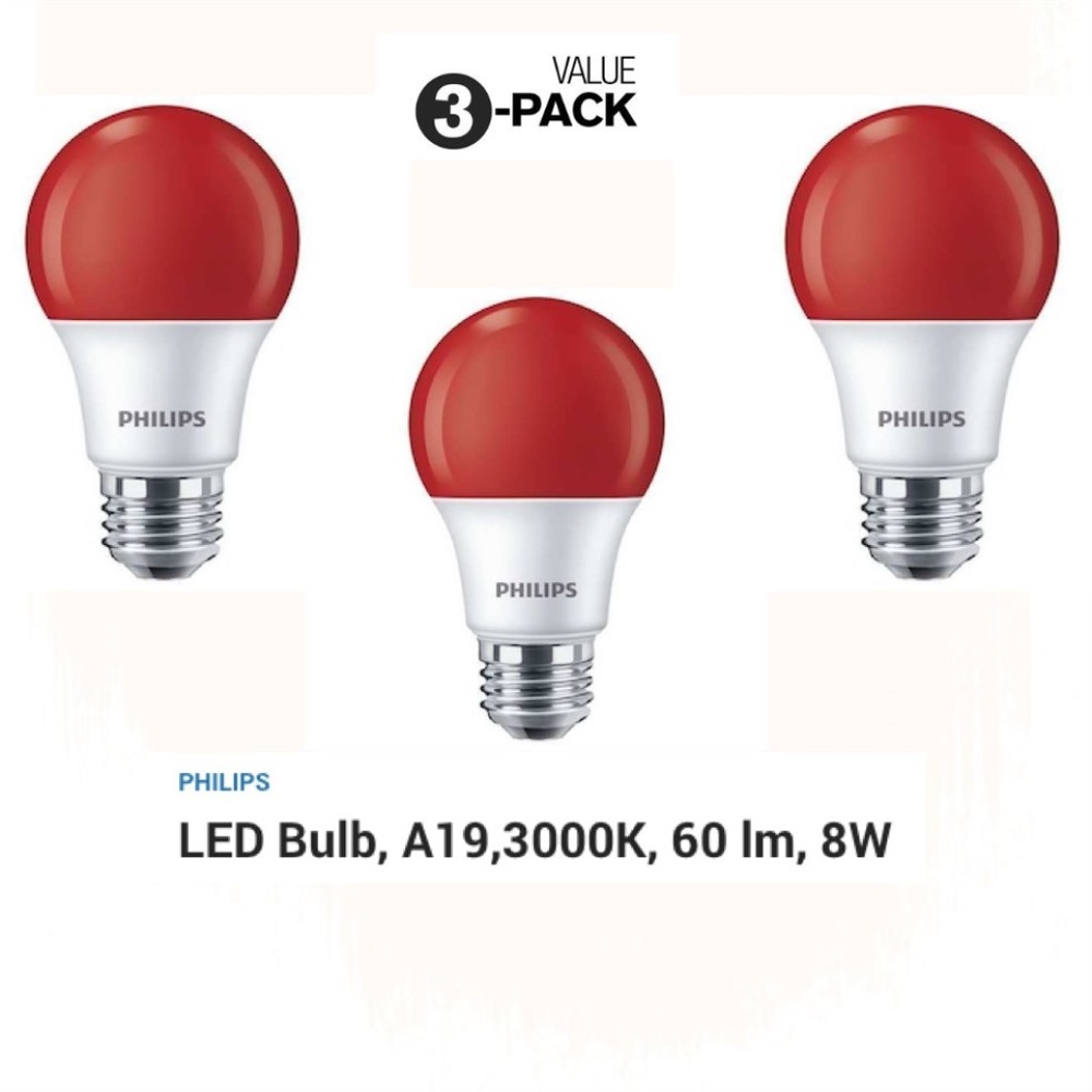 NWT 3 Pack Philips 8 Watt LED Bulbs 60 Watt Equivalent, A19 Red